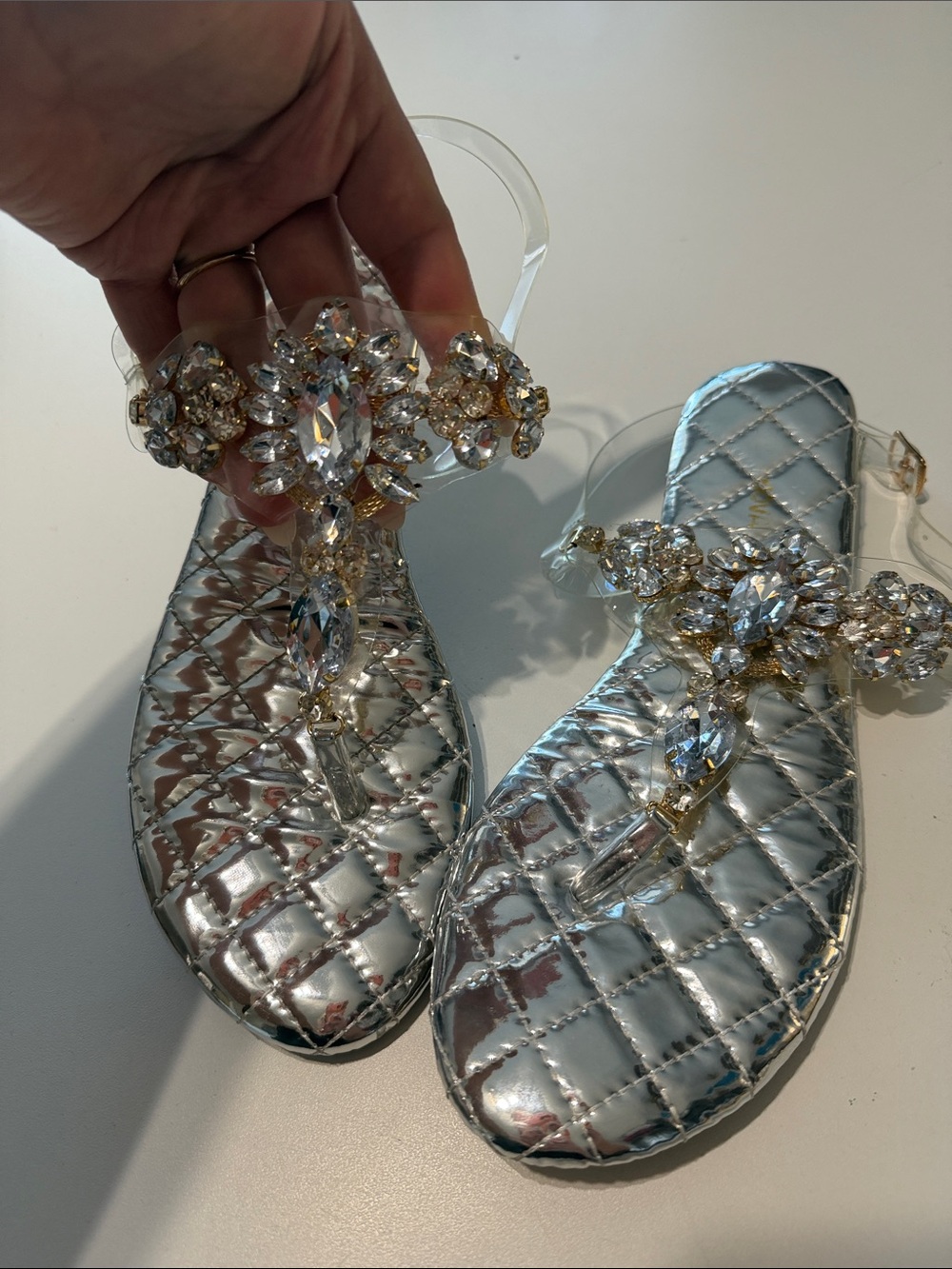 Crystal-Embellished Silver Quilted Thong Sandals